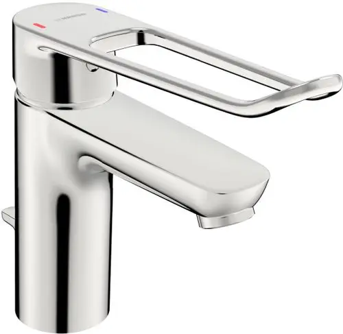 HANSATYP Waschtischbatterie mit integrierter Ablauffunktion. Langstieliger Bügelhebel und digitale Wassersteuerung. Oberfläche in Chrom.
